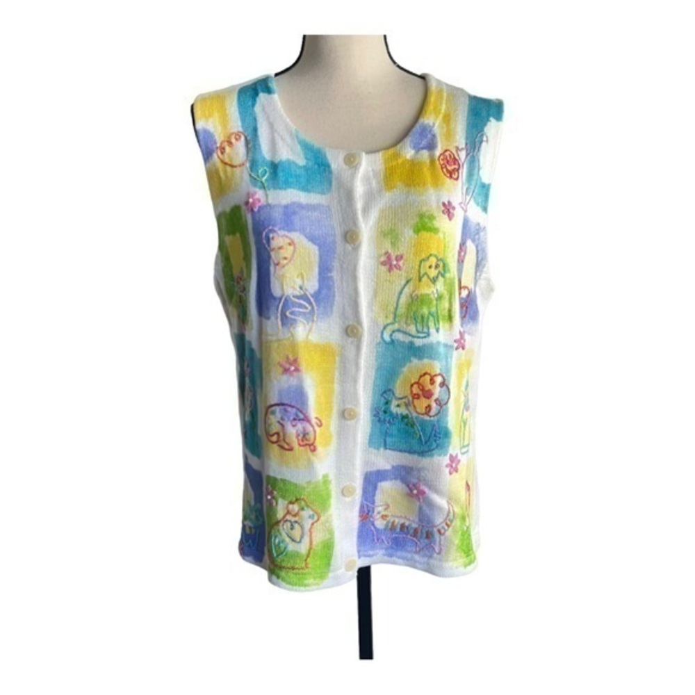 NWT Susan Bristol Colorful Cat And Dog Knit Vest Size L